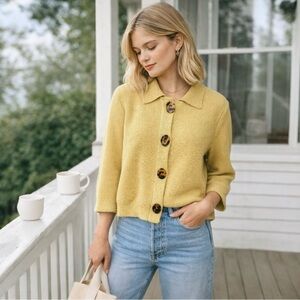 Vintage Mustard Textured Knit Cardigan Tortoise Buttons Cozy Minimalist